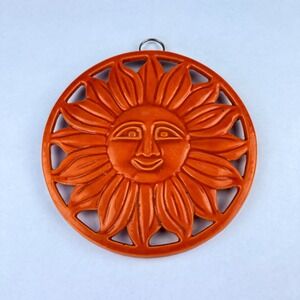 ODX 2010 Orange Ceramic Sun Face Trivet Wall Hanging Decor Kitchen Hot Pad 6in